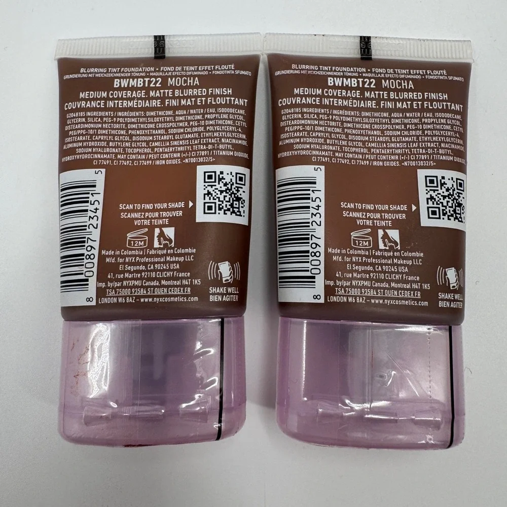 NYX Bare With Me Blur Blurring Tint Foundation 22 Mocha 1.01oz Lot of 2 BWMBT22‎